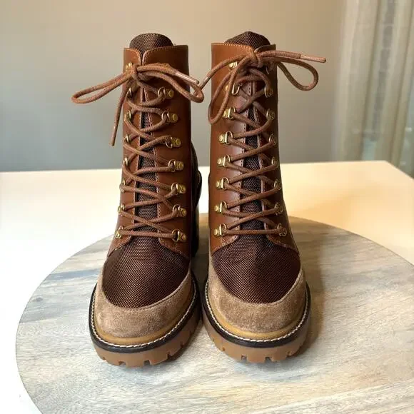 Tory Burch Miller Brown Suede Leather Lug Sole Boots Combat Boots US Size 7.5